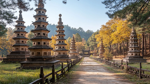 林间小径旁的多座古塔