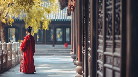 身穿传统服饰女子在古建筑中站立的画面