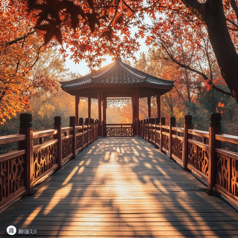 秋日暖阳下的古风亭子及木桥景致