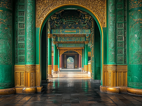 古色古香的绿金柱拱门走廊