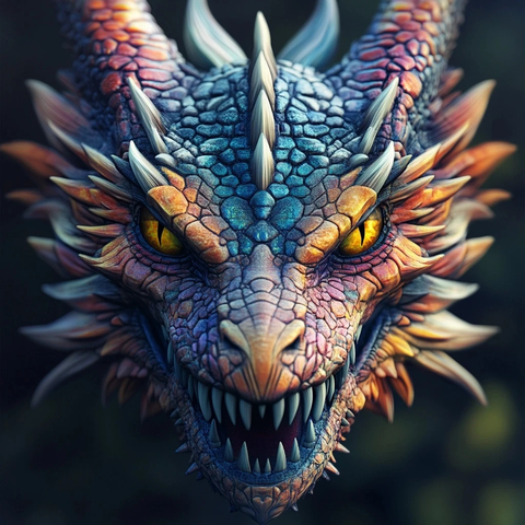 彩色龙龙头正面牙齿特写