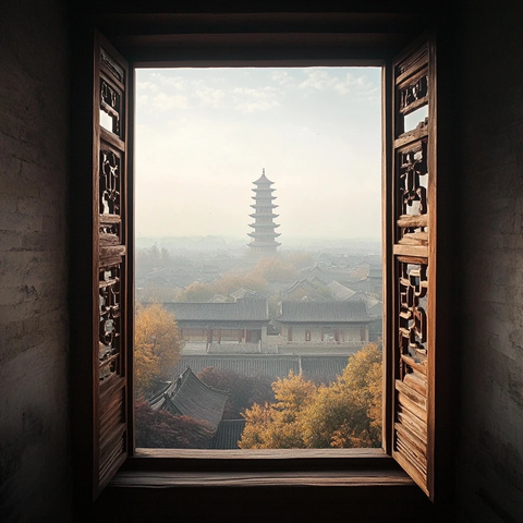 古窗中塔与古建筑相映的景象