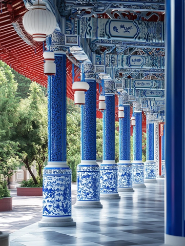 蓝白相间中式建筑廊柱的典雅景致