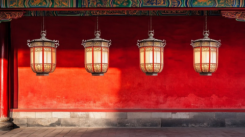 红墙下挂着三盏传统灯笼的古典景象