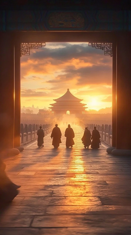 天坛古建筑下的人影剪影