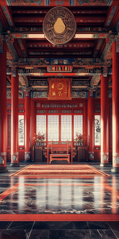 中式古典建筑室内雕梁画栋全景