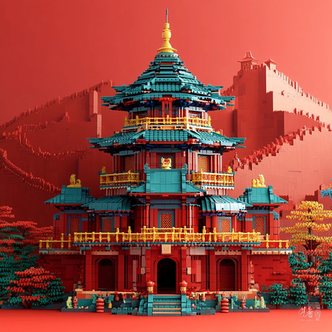 传统中式古建筑积木模型