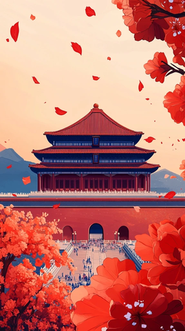 古色古香的中式建筑前繁花盛开的景象