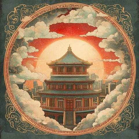 古建筑塔楼与现代城市相结合的景象