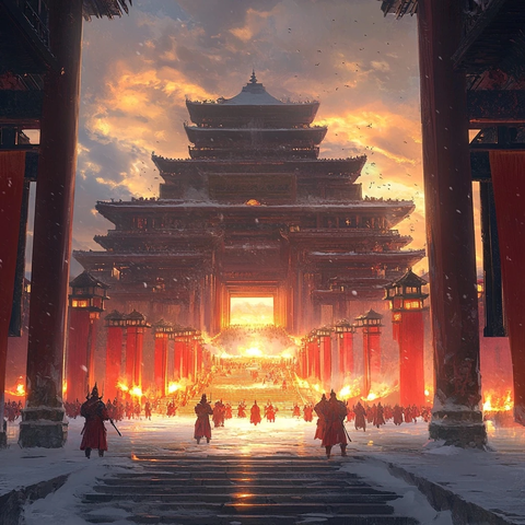 古宫殿前的红衣士兵列队行进场景