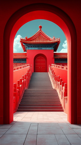 红色古建筑拱门阶梯远景图