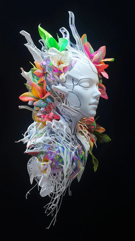 抽象人形机器人与异域植物