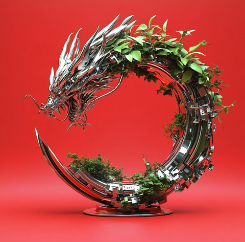 镀铬龙形雕塑环绕绿植