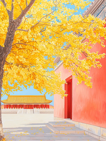 红墙旁金黄银杏树下的古建筑