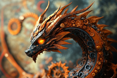 龙形雕塑与齿轮背景