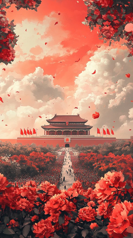 天安门前景象红旗飘扬繁花盛开的画面