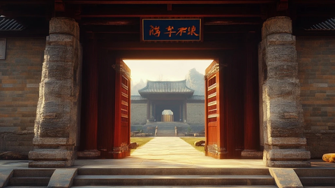 古建筑大门开启的景象