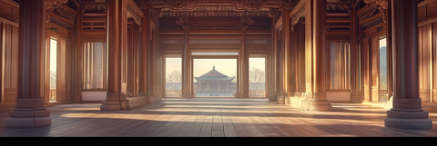 古宫殿建筑内景透过门框可见远处建筑