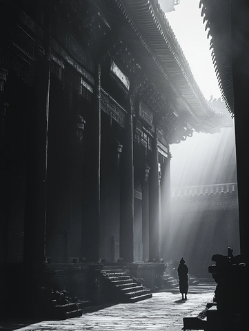 古建筑中独自行走的人