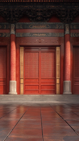 古建筑红漆大门及立柱的正面景象