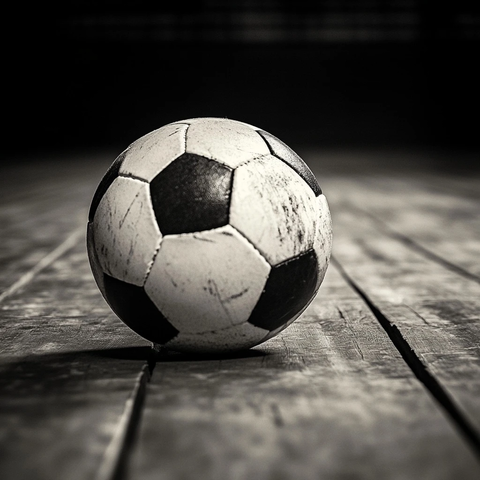 足球静置木地板特写