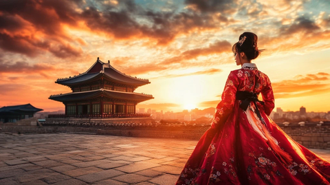 身着传统服饰女子在古建筑前的背影