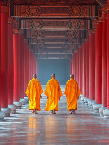僧人行走在古建筑中的画面
