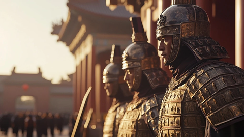 故宫门前身着盔甲的古代士兵队列