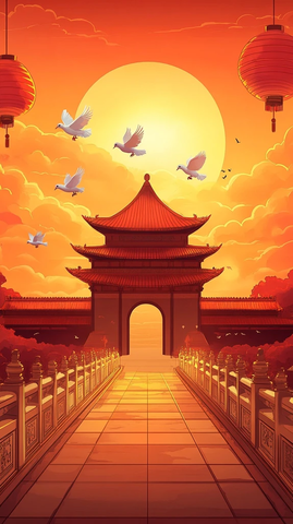 古建前的通道与飞翔白鸽的黄昏美景