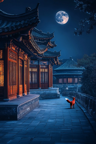古建旁月夜独行的狐狸