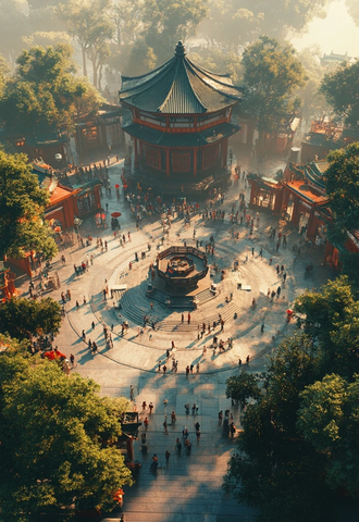 古建筑广场上人群聚集的热闹景象