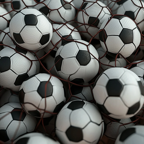 足球网中堆叠的足球