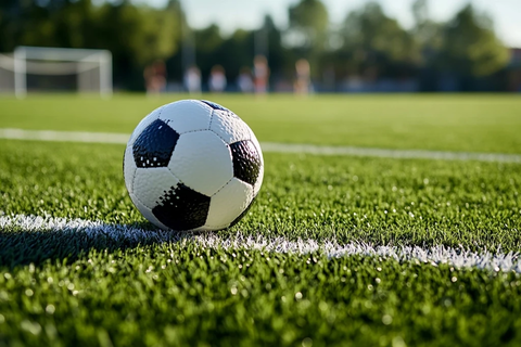 足球静止在草坪上背景模糊