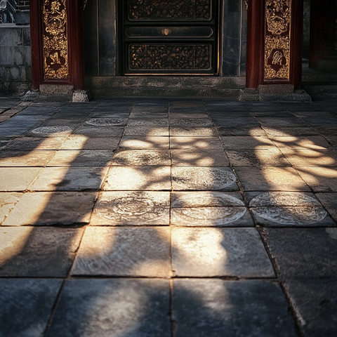 古建筑门前的石板路光影交错景象