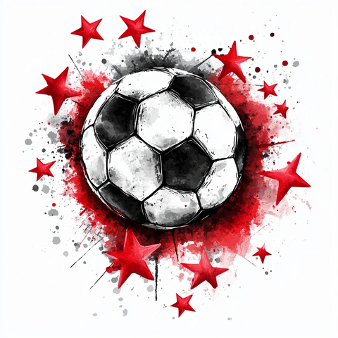 黑白水彩足球与红色星星