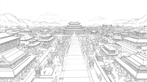古代城市建筑鸟瞰全景图