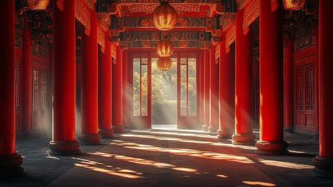 古建筑红柱走廊阳光照射的唯美画面