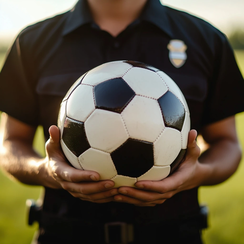 年轻保安抱紧足球微笑站立