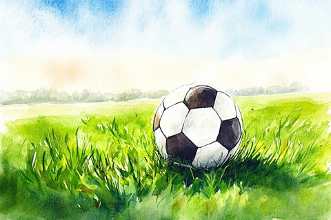 水彩足球绿茵场静物画