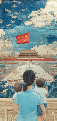 女子带孩童观看天安门广场上的国旗