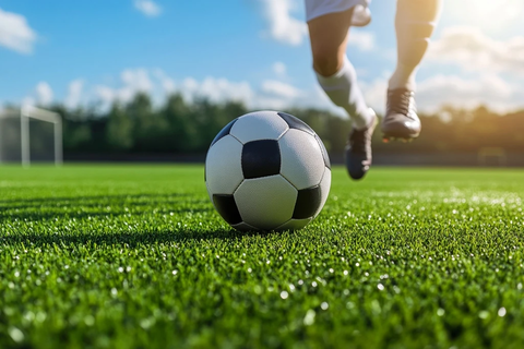 足球运动员踢球草地场景