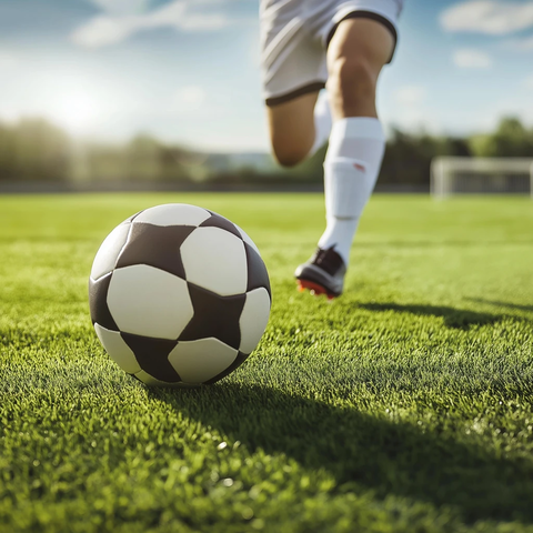 足球运动员踢球草地场景