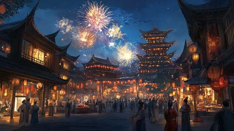 古街夜景人群中赏绚丽烟花的热闹场面