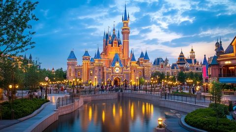 华灯初上的迪士尼城堡夜景