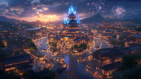 灯火辉煌的古建筑群夜景全景