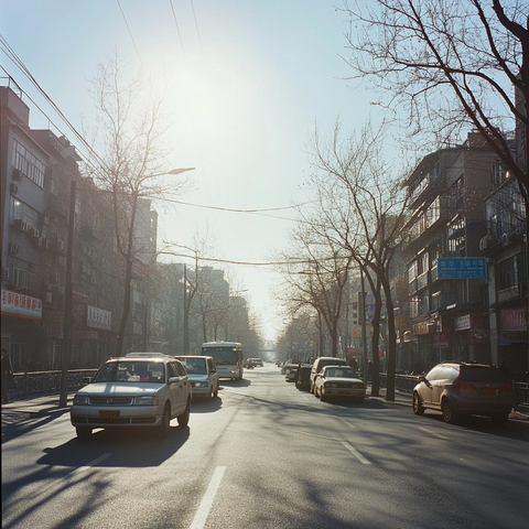 阳光照射下的城市街道车辆行驶景象