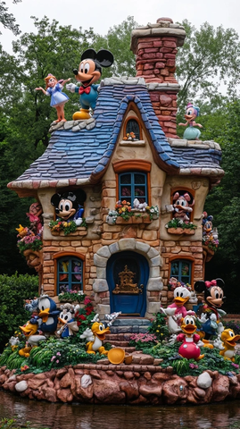 童话小屋外布满迪士尼卡通人物雕塑