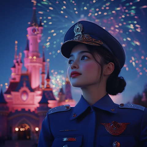 身穿制服的女性与迪士尼城堡夜景