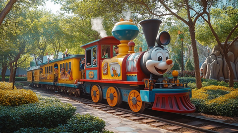 行驶在园林中的卡通主题观光小火车