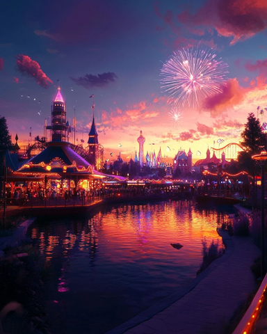 夜色中灯火辉煌的游乐园全景